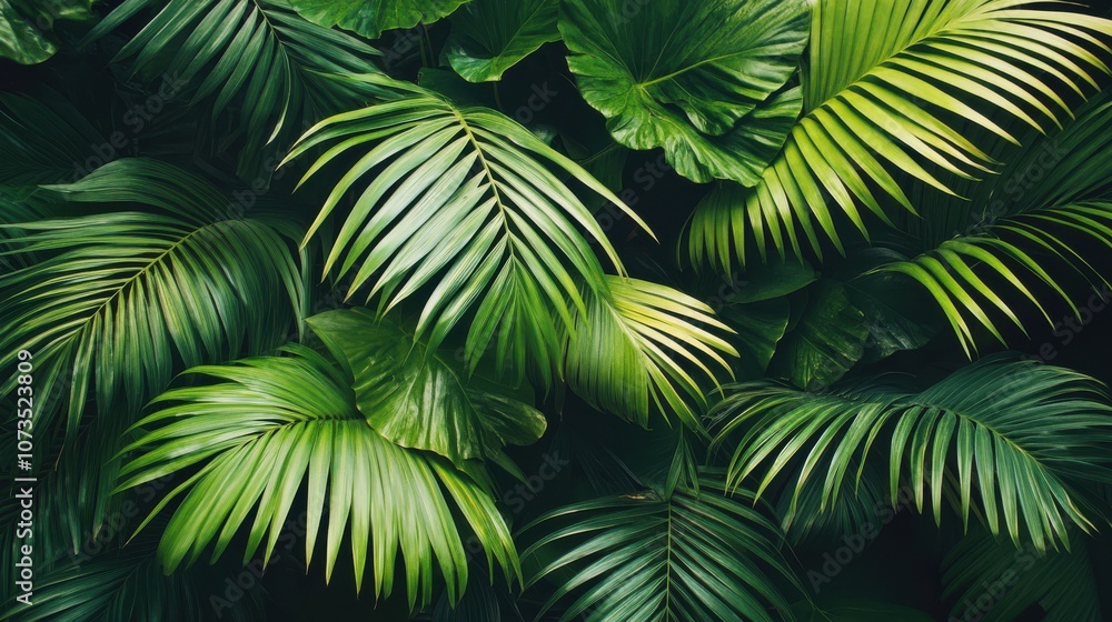 A lush green tropical backdrop with palm leaves creating a vibrant texture. A lush green tropical backdrop with palm leaves creating a vibrant texture.