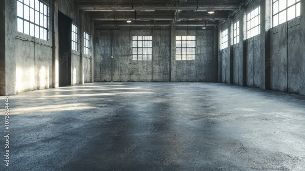 A large, empty warehouse with concrete walls and floors. The space is lit by natural light coming through the windows. A large, empty warehouse with concrete walls and floors. The space is lit by natural light coming through the windows.