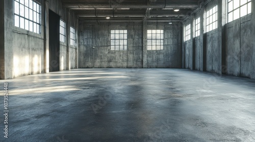 A large, empty warehouse with concrete walls and floors. The space is lit by natural light coming through the windows.