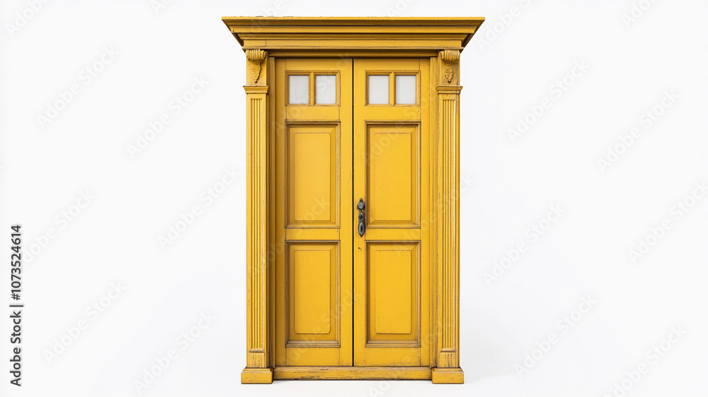 Obraz premium Bright yellow double door with decorative trim on white background