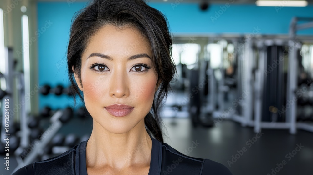 Woman is posing for a picture in a gym. She is wearing a black shirt and has her hair in a ponytail Woman is posing for a picture in a gym. She is wearing a black shirt and has her hair in a ponytail