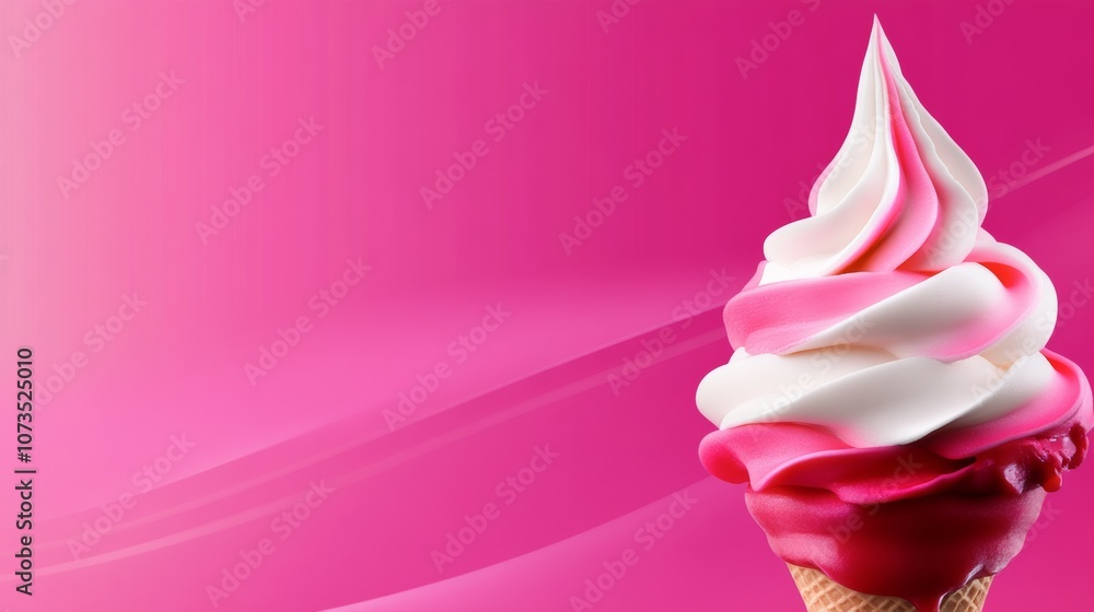 Pink background with a white and pink ice cream cone. The ice cream cone is in the center of the image and is surrounded by a pink and white swirl. Concept of fun and playfulness Pink background with a white and pink ice cream cone. The ice cream cone is in the center of the image and is surrounded by a pink and white swirl. Concept of fun and playfulness