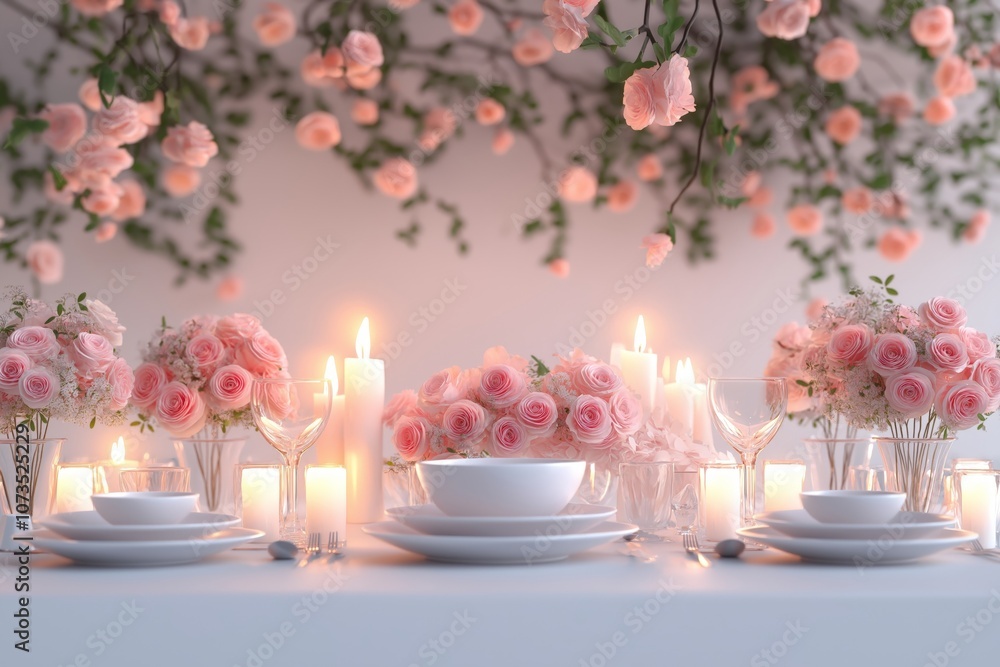 An elegant table setup with pink roses, candles, and delicate glassware, creating a romantic and enchanting atmosphere perfect for a celebration or intimate dinner An elegant table setup with pink roses, candles, and delicate glassware, creating a romantic and enchanting atmosphere perfect for a celebration or intimate dinner