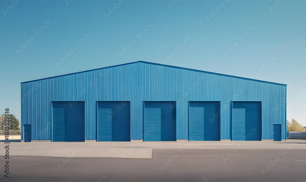 A large blue metal building with multiple doors stands on a paved lot against a clear blue sky A large blue metal building with multiple doors stands on a paved lot against a clear blue sky