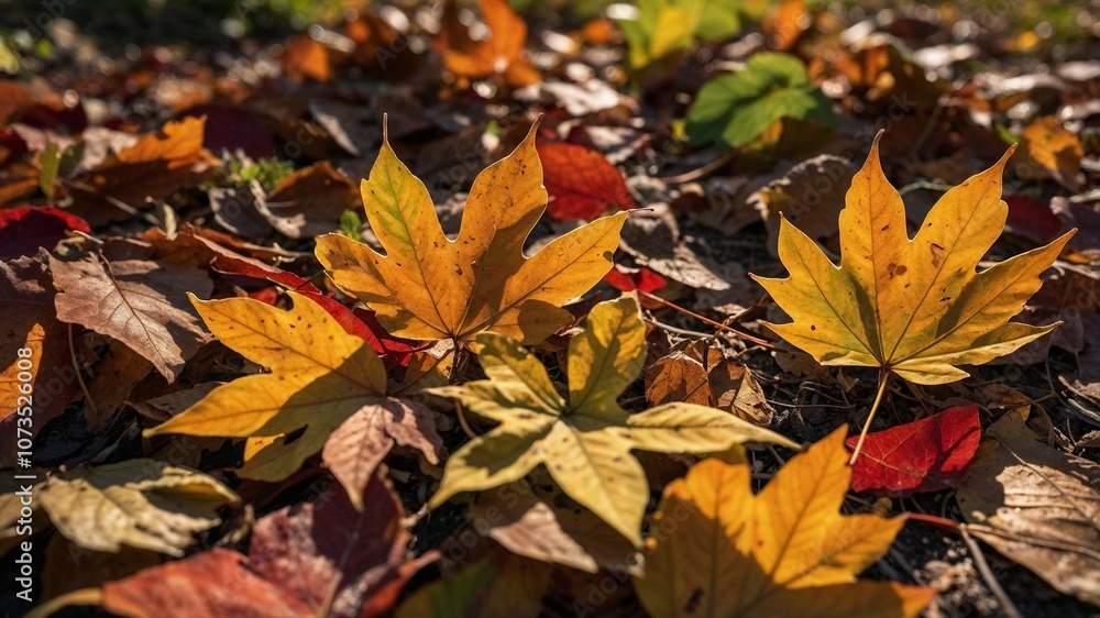 Colorful autumn leaves scattered on the ground in a vibrant natural setting. Colorful autumn leaves scattered on the ground in a vibrant natural setting.