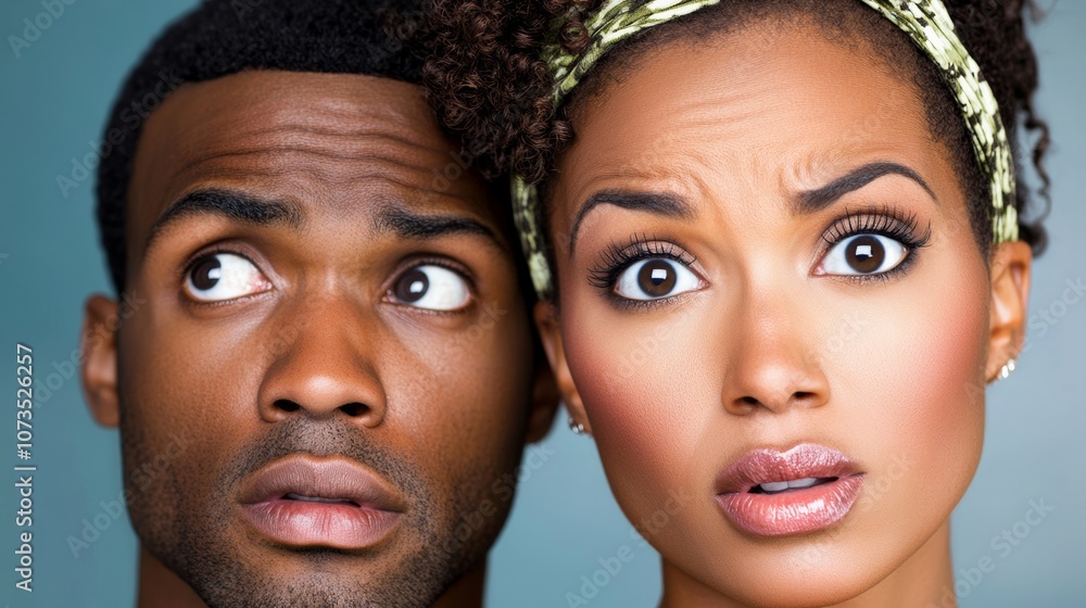 Man and a woman are standing next to each other with their eyes wide open. The man is looking at the woman with a surprised expression Man and a woman are standing next to each other with their eyes wide open. The man is looking at the woman with a surprised expression