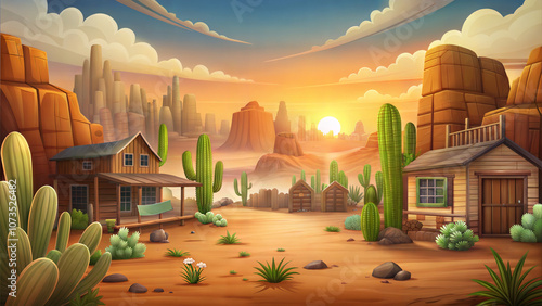 Cartoon wild west scene with a sunset behind a mountain range, two houses in the distance on either side. Background for the game.