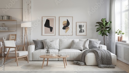 Modern Scandinavian Living Room with Cozy Minimalist Decor, Soft Pastel Accents, and Inviting Natural Light