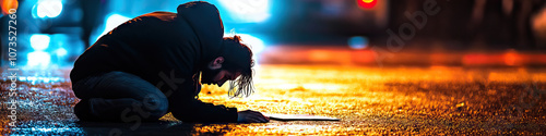 A single protestor kneeling, head bowed, sign resting on the ground. photo