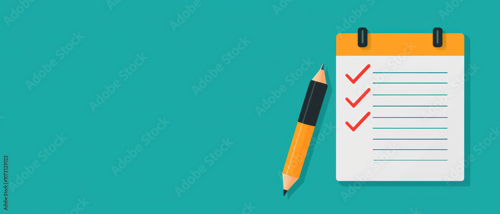 A checklist with red check marks alongside a pen, set against a teal background, indicating tasks that have been completed. A checklist with red check marks alongside a pen, set against a teal background, indicating tasks that have been completed.