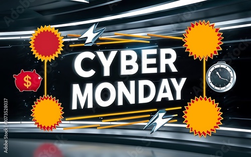 Bold Cyber Monday sale banner with vibrant discount badges and icons photo