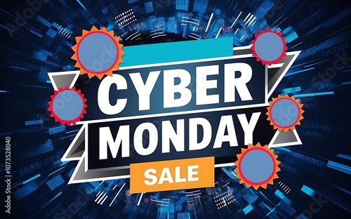 Bold Cyber Monday sale banner with vibrant discount badges and icons photo