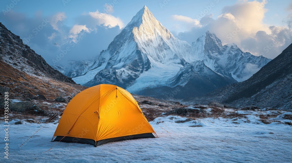 Bright yellow tourist tent at a height in the mountains. Dawn in the mountains. The concept of mountain climbing tourism. Bright yellow tourist tent at a height in the mountains. Dawn in the mountains. The concept of mountain climbing tourism.