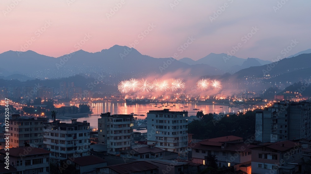 Obraz premium A beautiful cityscape at dusk, showcasing fireworks illuminating the skyline and reflecting off the water, surrounded by mountains.