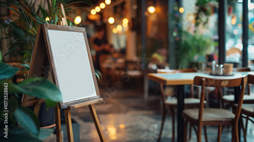 A frame sign outside a cafe, a mockup with a blank white board for advertising and promotion in front of the street