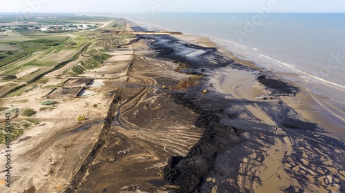 Aerial view of coastal area with dark, sticky tar covering beach and seawater, highlighting environmental pollution and providing copy space for text or design.