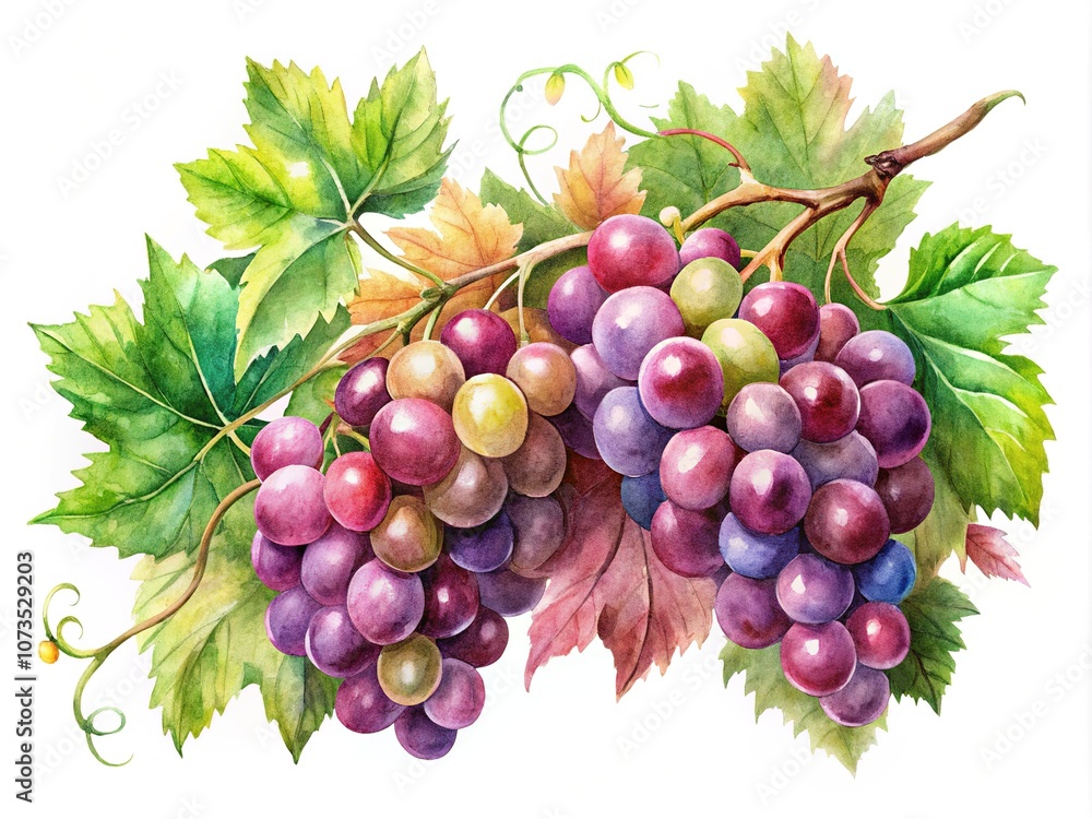Fototapeta premium Watercolor Grapes Branches - Panoramic Fruit Illustration for Design