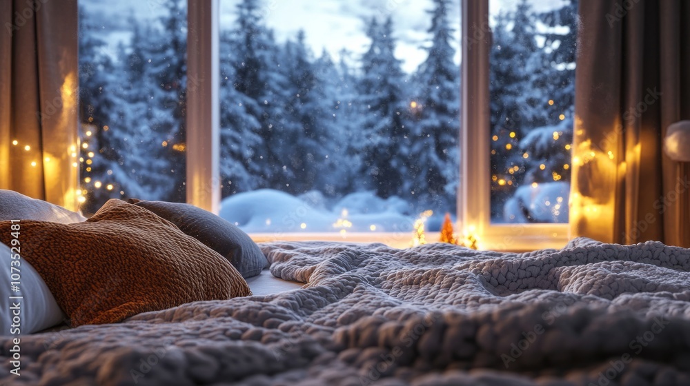 Cozy Bed with a View of a Snowy Winter Forest Cozy Bed with a View of a Snowy Winter Forest