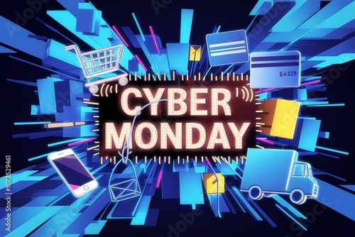 Online shopping icons with Cyber Monday message over an abstract background photo