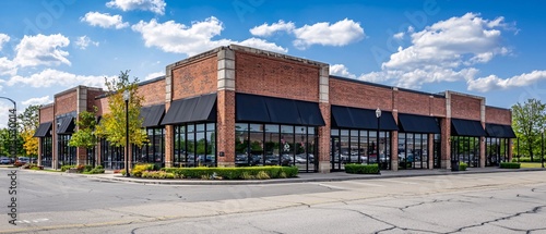 A modern brick building with large glass windows, surrounded by lush greenery and a clear blue sky, showcasing a vibrant commercial space.