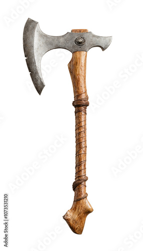 A wooden axe with a curved handle and a metal blade hangs on a white wall, showcasing its intricate design and craftsmanship photo