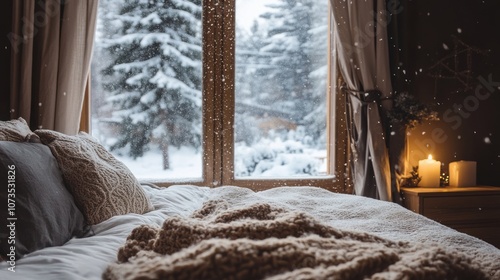 Cozy Bed with Snow Falling ...