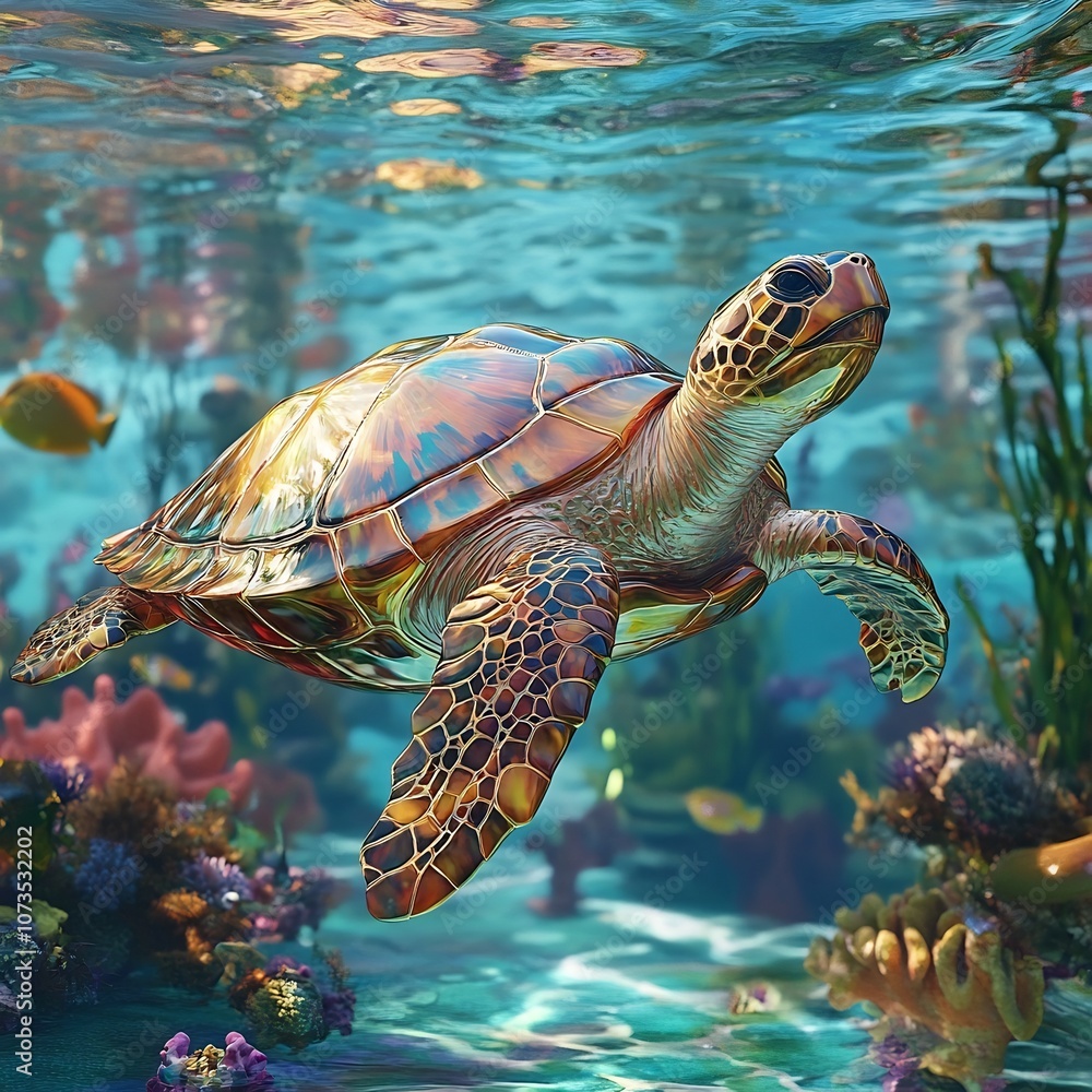 Fototapeta premium Majestic Green Sea Turtle Swimming in Vibrant Coral Reef Underwater Seascape