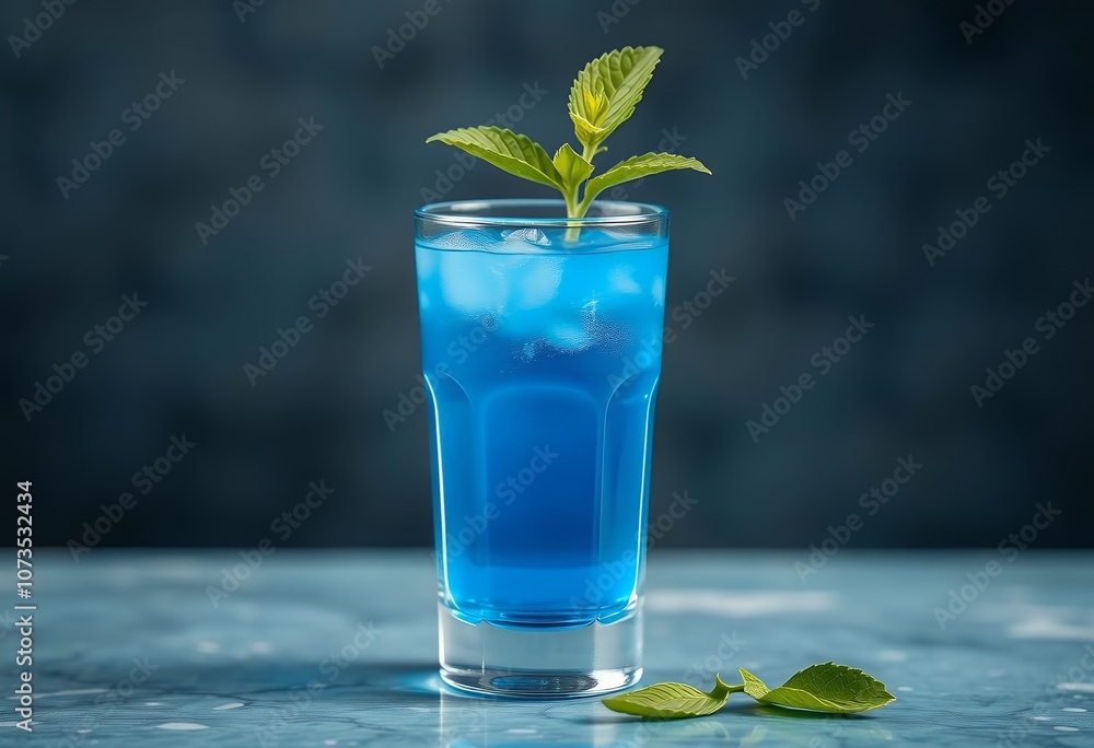 Refreshing Blue Cocktail with Mint Garnish and Ice Cubes Refreshing Blue Cocktail with Mint Garnish and Ice Cubes