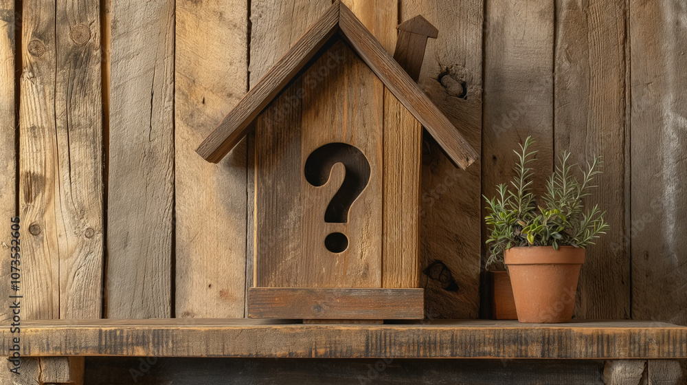 Wood house model with question marks over the wooden desk and free copy space for your text real estate Wood house model with question marks over the wooden desk and free copy space for your text real estate