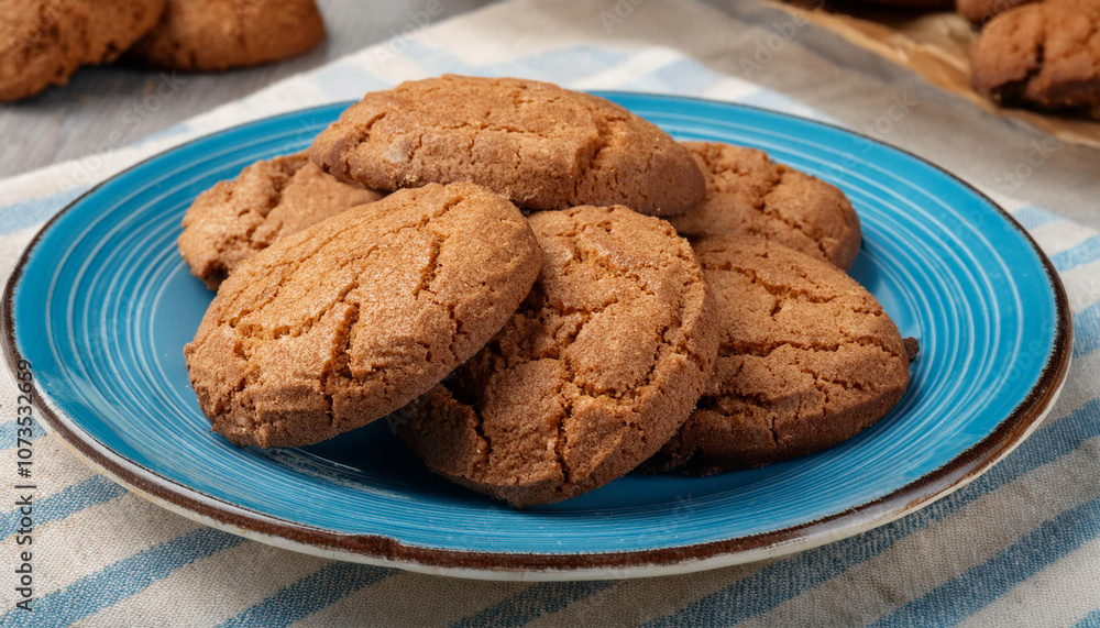 Closeup of Round, Brown, Cookies on a Blue Plate and Copy Space Closeup of Round, Brown, Cookies on a Blue Plate and Copy Space