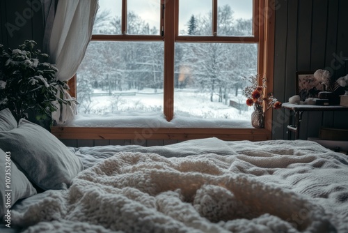 Cozy Bed with a View of a Snowy Winter Landscape