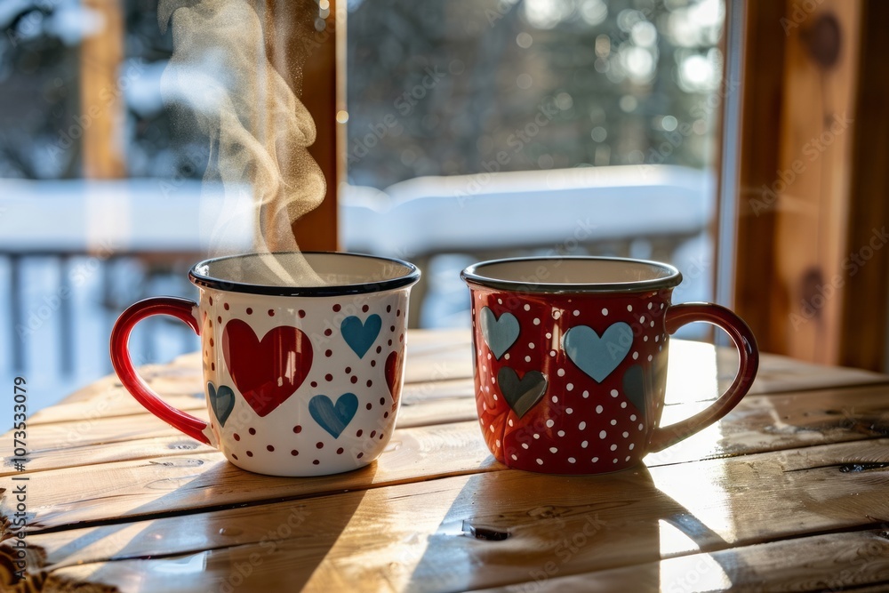 Fototapeta premium A pair of matching mugs with heart designs sit on a wooden table near a frosty window, steam rising to create a warm, intimate feel. AI generative