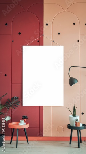 Modern Minimalist Interior with Colorful Wall and Blank Frame for Custom Art