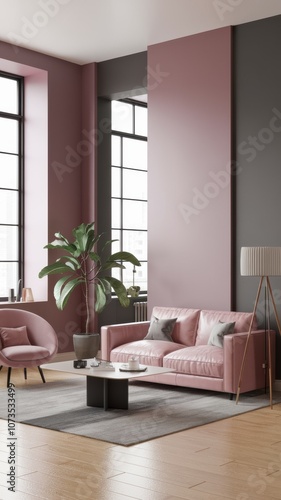 Modern Living Room: Elegant pink sofa and armchair with tall windows, green plant, and soft natural lighting for decor inspiration.