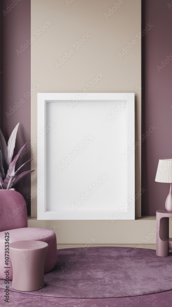Minimalist Living Room: A tranquil space with a blank white frame, soft pink furniture, and stylish decor elements in muted tones. Minimalist Living Room: A tranquil space with a blank white frame, soft pink furniture, and stylish decor elements in muted tones.