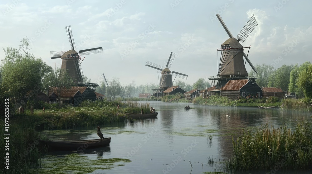 Scenic View of Historic Windmills Near Tranquil Water, Surrounded by Lush Greenery and Serene Landscape Under a Clear Sky Reflecting Dutch Heritage and Nature's Beauty