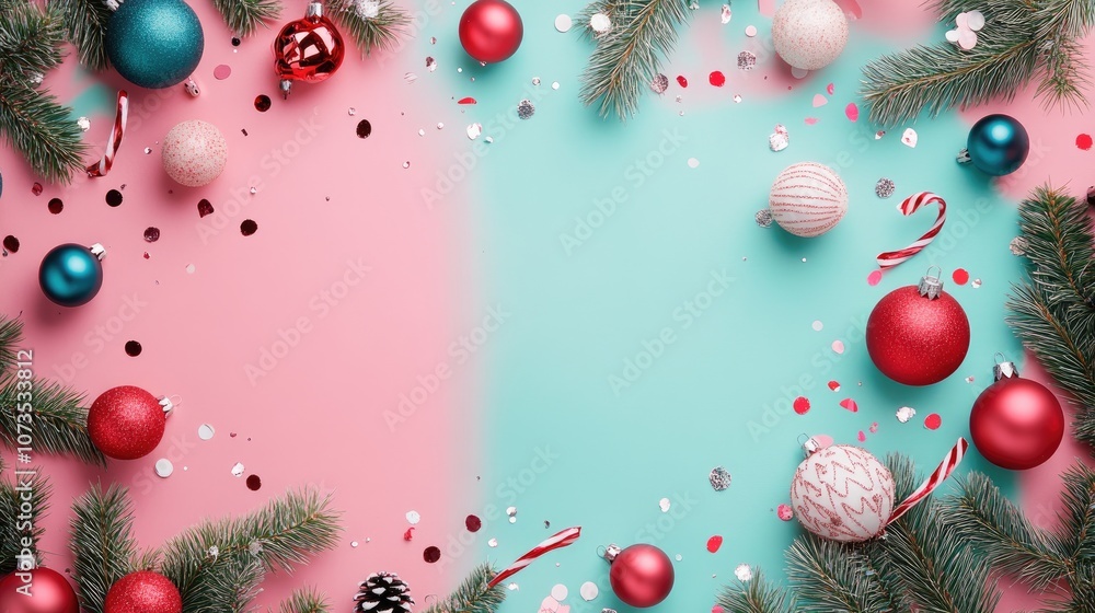 Fototapeta premium Christmas background, bright decorations, modern ornaments