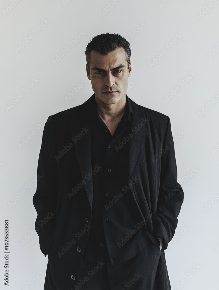 Man in a black suit and jacket stands in front of a white wall Man in a black suit and jacket stands in front of a white wall