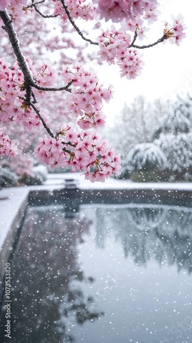 Serene Winter Garden with Cherry Blossoms and Reflective Pool photo