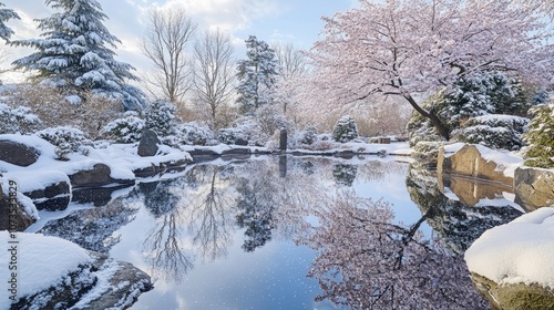 Serene Winter Garden with Cherry Blossoms and Reflective Pool photo