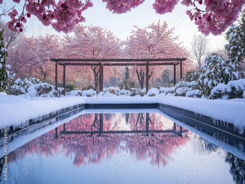 Serene Winter Garden with Cherry Blossoms and Reflective Pool photo