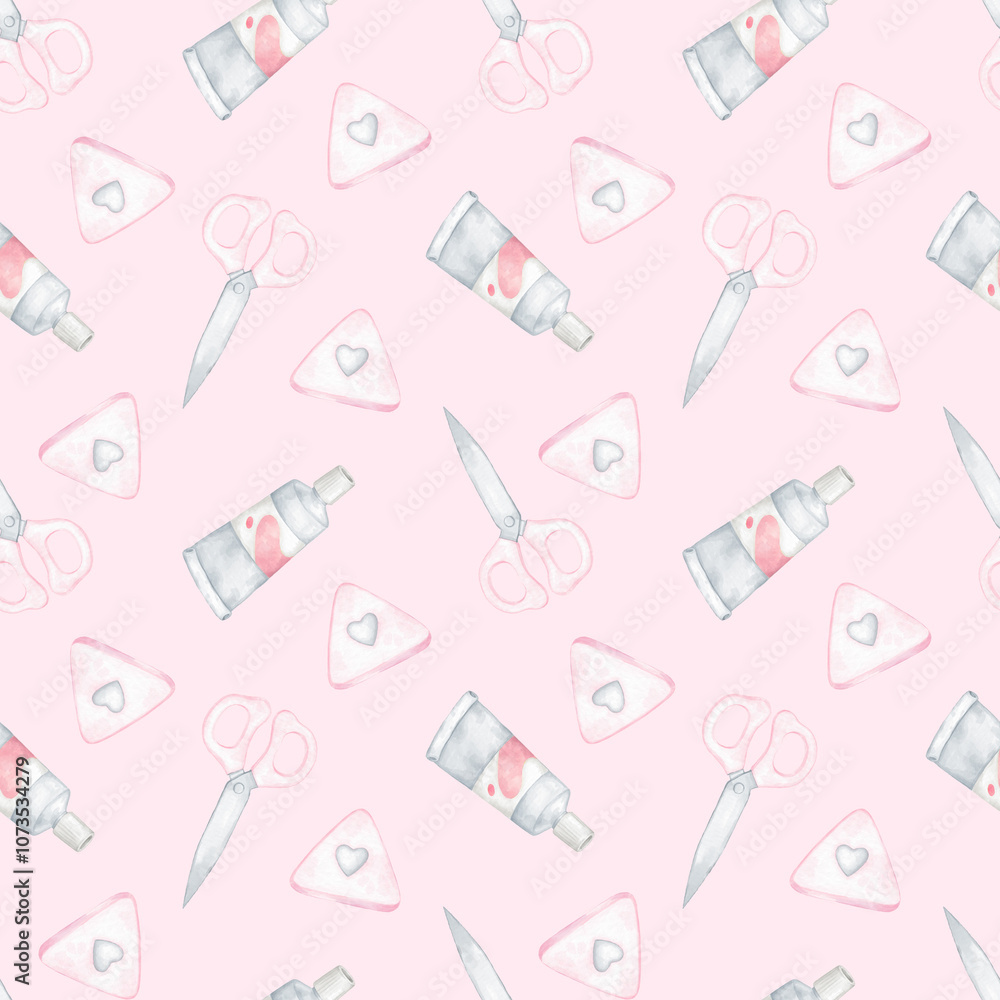 Obraz premium scissors, erasers, paints in tubes. Watercolor seamless pattern on pink background in pastel colors for textiles and wrapping paper. Cute children's illustration back to school