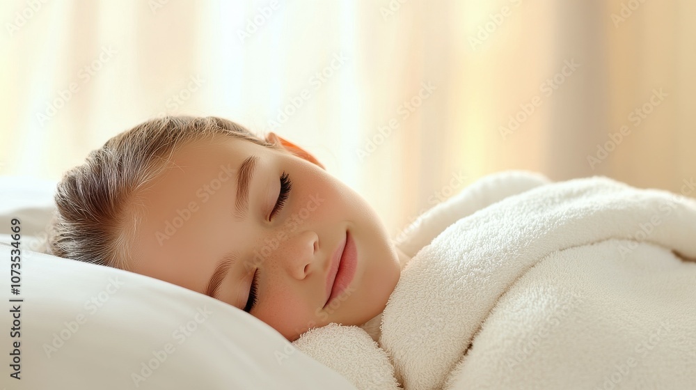 A young girl is sleeping in a bed with a white blanket A young girl is sleeping in a bed with a white blanket