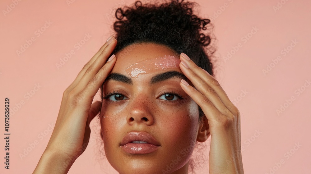 Fototapeta premium A woman with dark hair and brown eyes is applying makeup