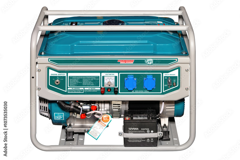 Portable power generator designed for outdoor adventures and emergency situations, isolated on white background.