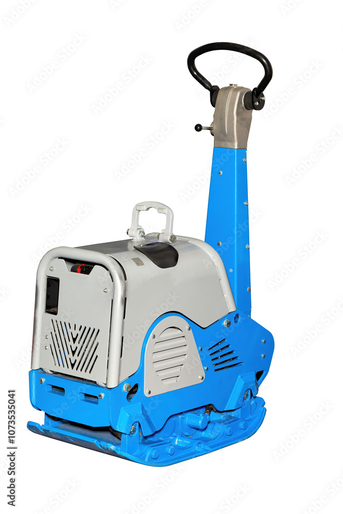 Compact vibratory plate paving machine ready for construction work on urban pathways and driveways, isolated on white background.