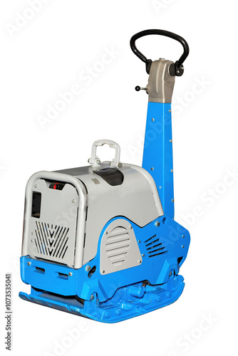 Obraz na płótnie Compact vibratory plate paving machine ready for construction work on urban pathways and driveways, isolated on white background. w salonie