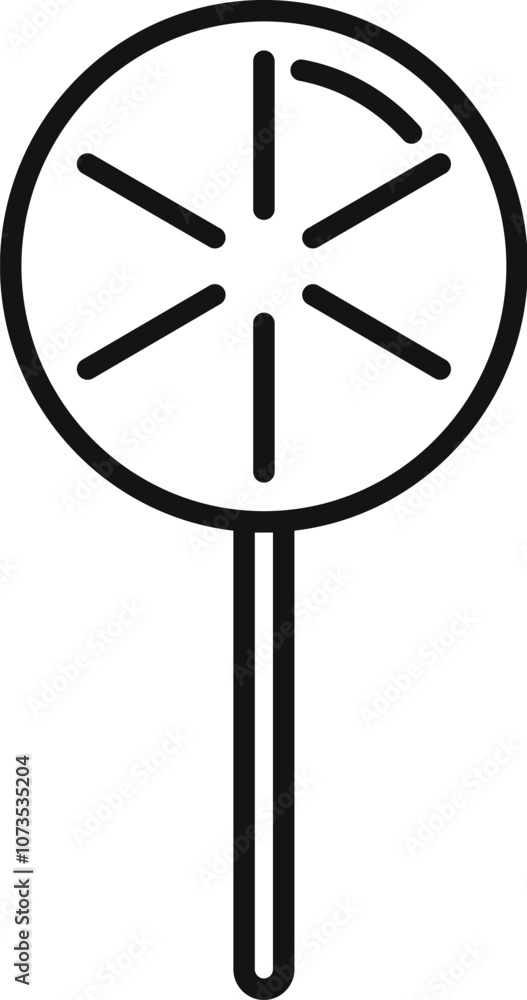 Simple line drawing of a round lollipop with segments, representing a sweet candy treat or dessert Simple line drawing of a round lollipop with segments, representing a sweet candy treat or dessert