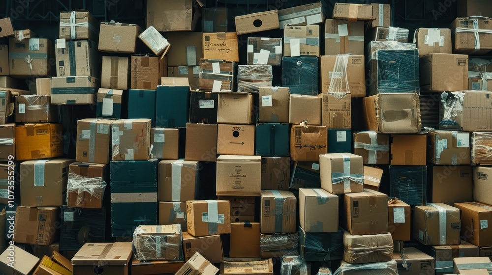 A large stack of cardboard boxes is packed tightly, showcasing various sizes and shapes, This image is ideal for topics on shipping, logistics, packaging, or moving services, A large stack of cardboard boxes is packed tightly, showcasing various sizes and shapes, This image is ideal for topics on shipping, logistics, packaging, or moving services,