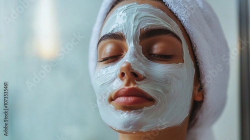 A woman with a white towel on her head and a white face mask on her face